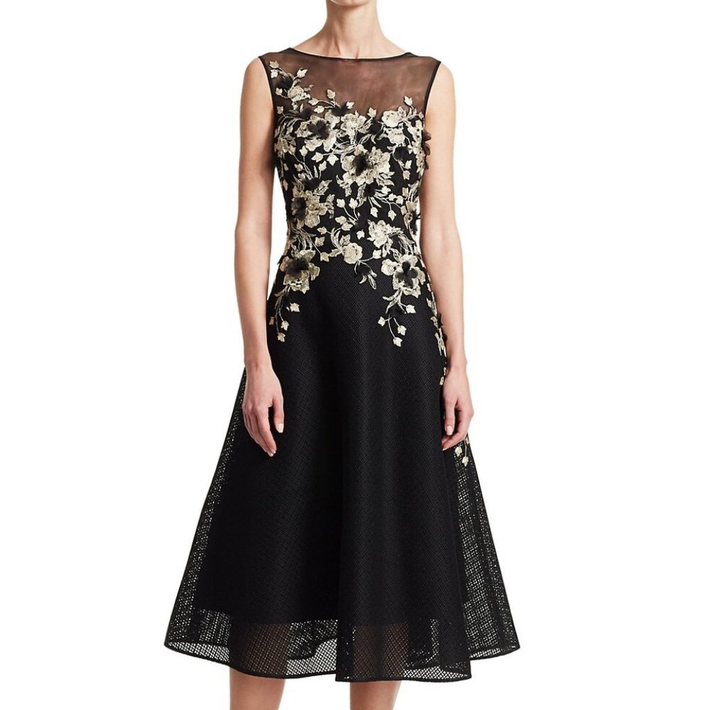 Rickie Freeman for Teri Jon Black Mesh Midi Dress with Gold Floral Appliqué - Picture 5 of 6